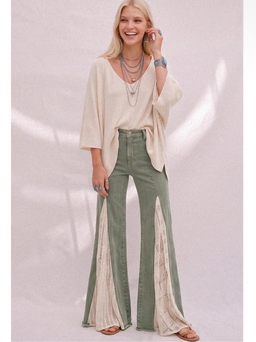 High-Waist Sage /Olive Green Flare Jeans with Lace Insets